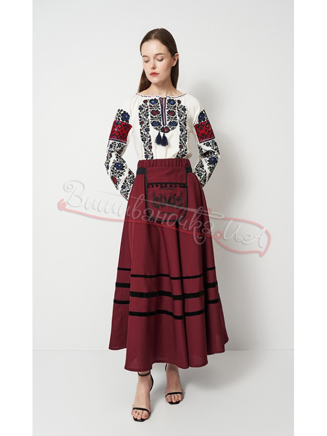 Burgundy skirt with embroidered a ladunka pendant СЖ03 size 48-52