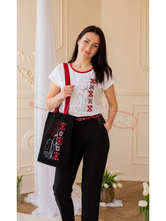 Tote bag black with poppies 7030