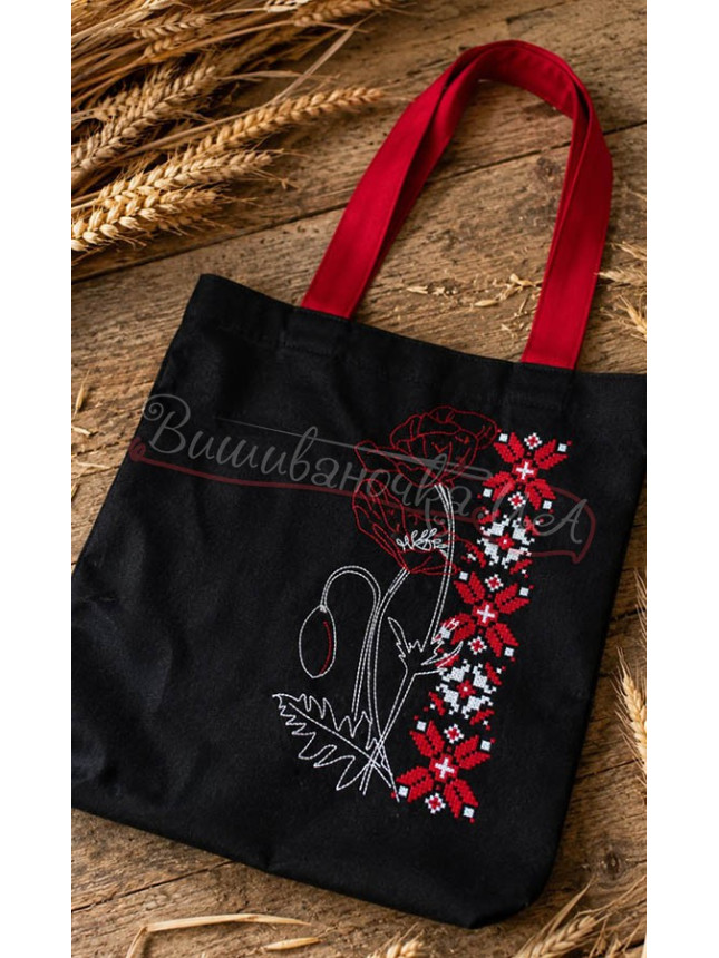Tote bag black with poppies 7030