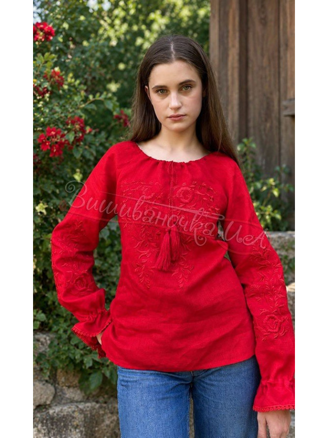 Embroidered blouse in linen 524-1 colour Red size 52