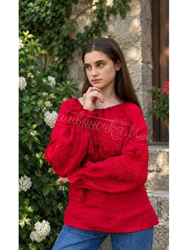 Embroidered blouse in linen 524-1 colour Red size 52