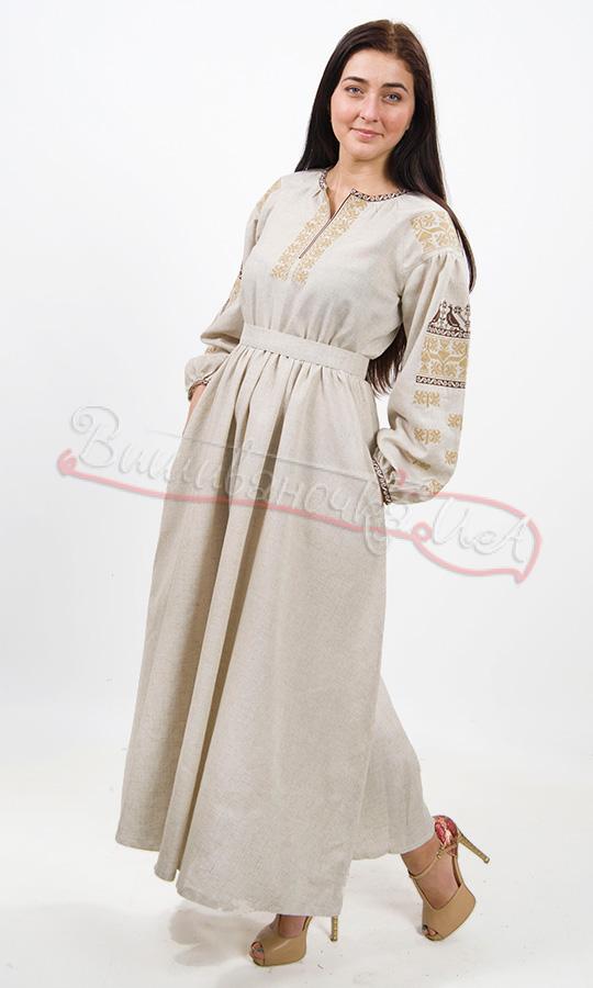 Довге плаття сірого кольору з вишивкою птахів 5430 - фото 1 vishivano4ka.com.ua