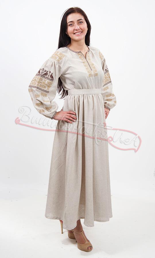 Довге плаття сірого кольору з вишивкою птахів 5430 - фото 2 vishivano4ka.com.ua