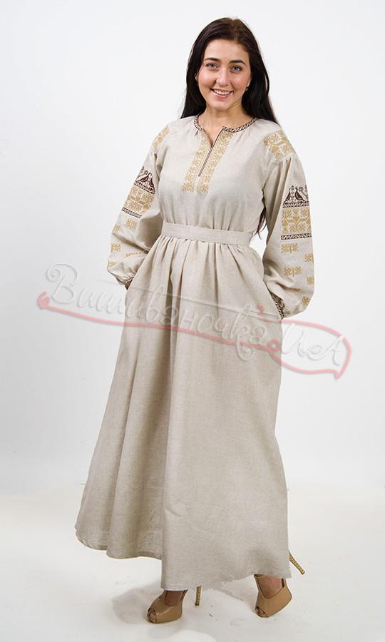 Довге плаття сірого кольору з вишивкою птахів 5430 - фото 3 vishivano4ka.com.ua