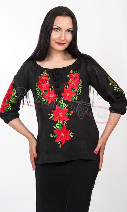 Чорна вишиванка з червоними квітами 7121 - фото 1 vishivano4ka.com.ua