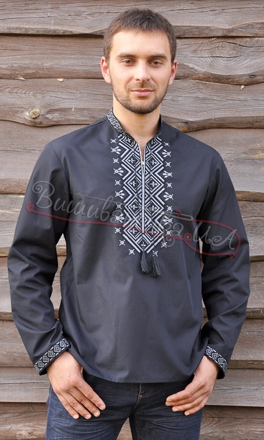Черная рубашка с серой вышивкой М121 - фото 1 vishivano4ka.com.ua