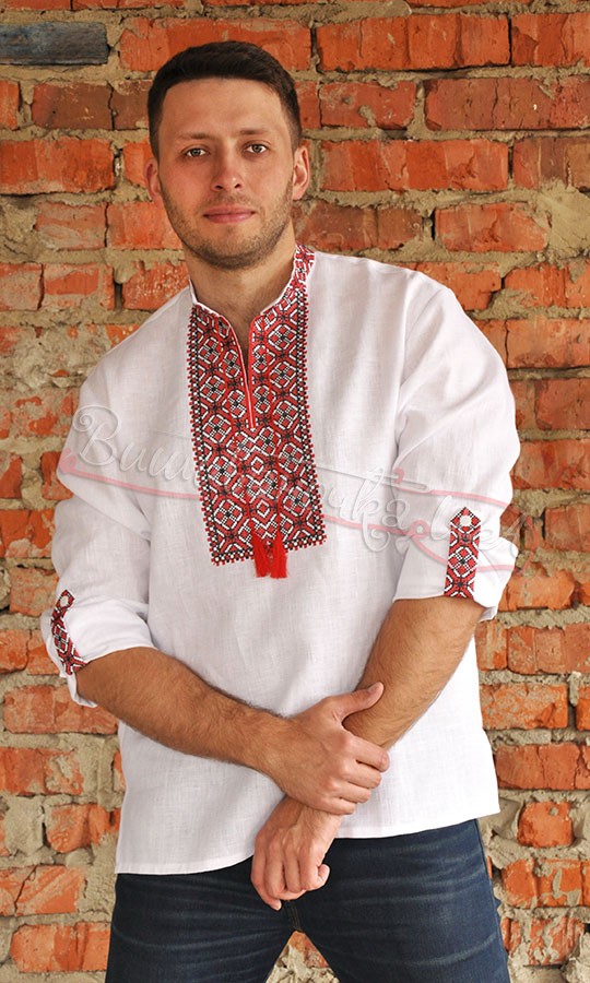 Сорочка з червоно-чорною вишивкою з довгим рукавом М04 - фото 1 vishivano4ka.com.ua