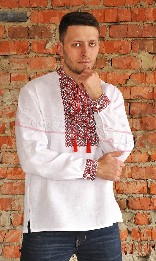 Сорочка з червоно-чорною вишивкою з довгим рукавом М04 - фото 2 vishivano4ka.com.ua