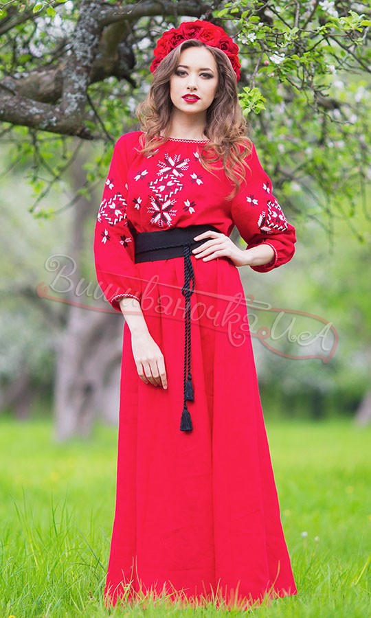 Червоне довге плаття з льону П26 (знято з виробництва) - фото 1 vishivano4ka.com.ua