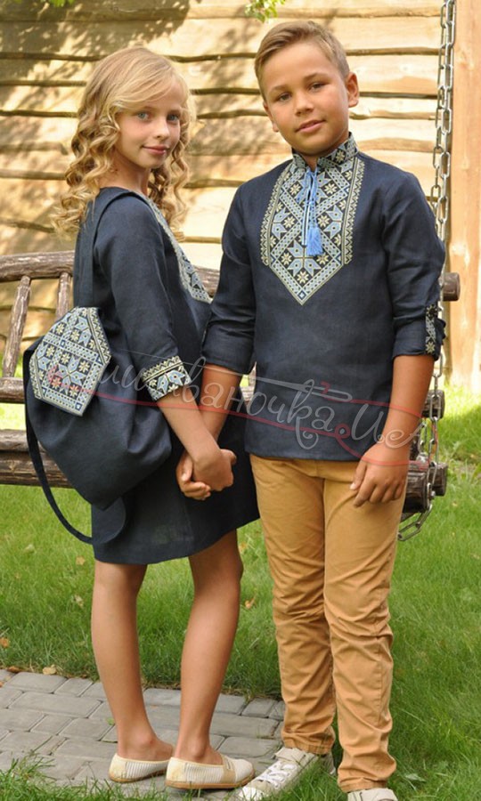 Темно-синее льняное платье для девочки ДП18 - фото 3 vishivano4ka.com.ua