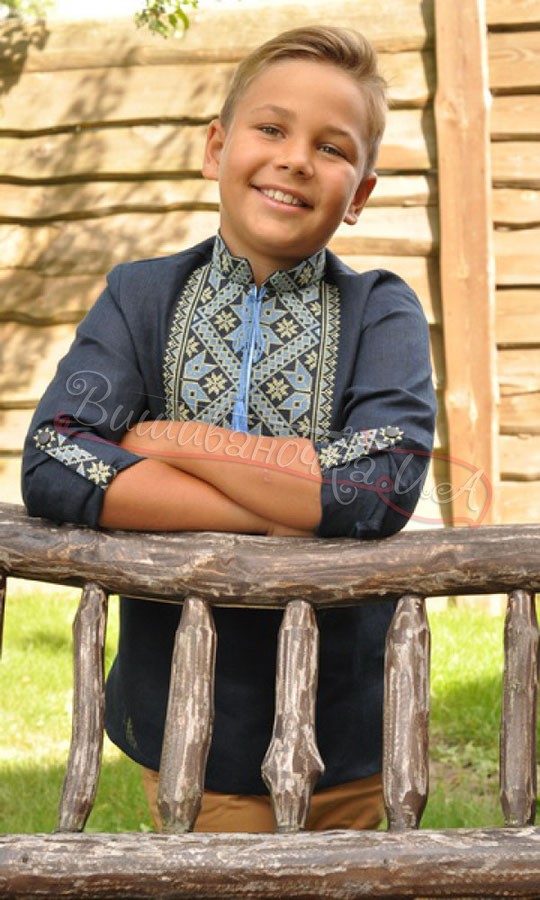 Дитяча сорочка з темно-синього льону ДМ18 - фото 2 vishivano4ka.com.ua