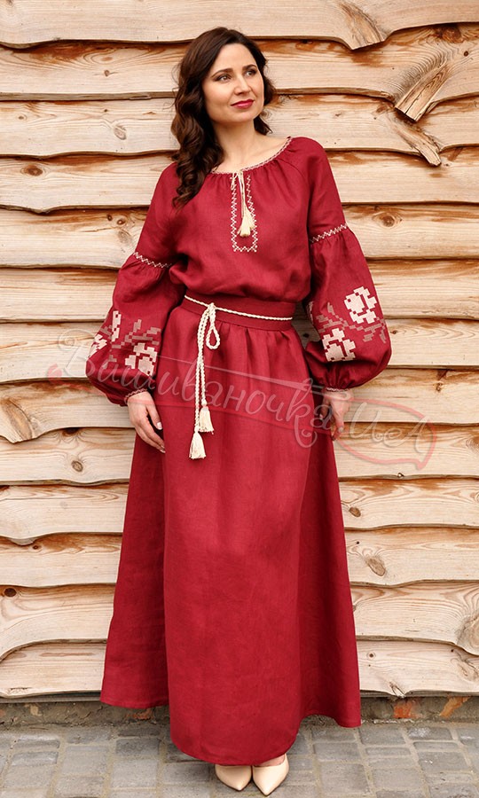 Довге плаття з вишивкою троянд бордо або синє П24 - фото 1 vishivano4ka.com.ua