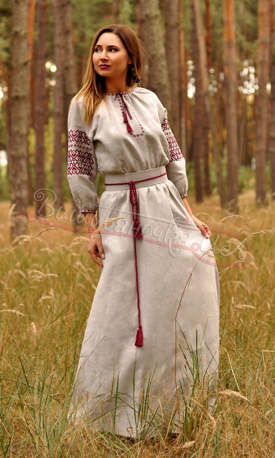 Довге плаття з сірого льону П35 - фото 1 vishivano4ka.com.ua