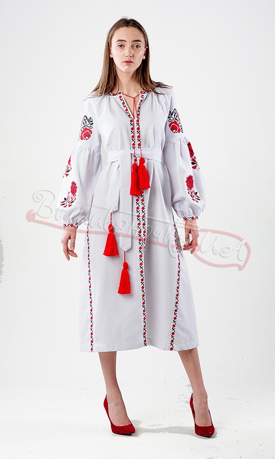 Біле плаття з червоними ружами НК04 - фото 1 vishivano4ka.com.ua