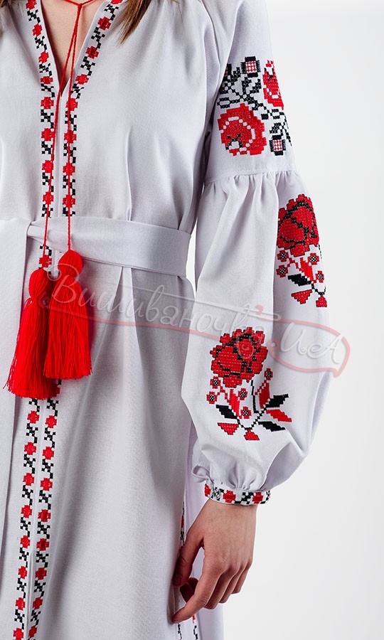 Біле плаття з червоними ружами НК04 - фото 2 vishivano4ka.com.ua