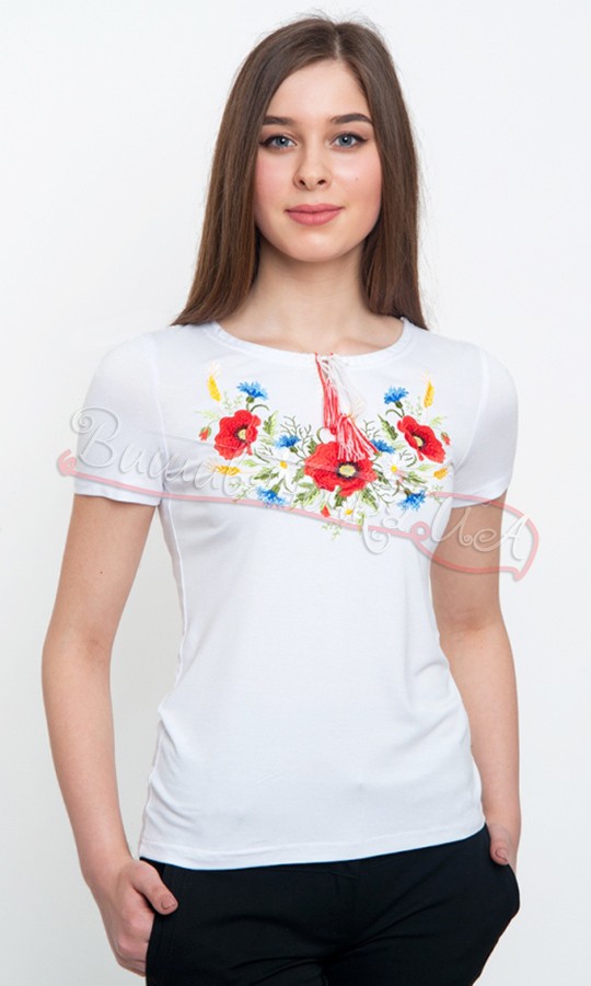 Футболка з маками білого кольору 50123 - фото 1 vishivano4ka.com.ua