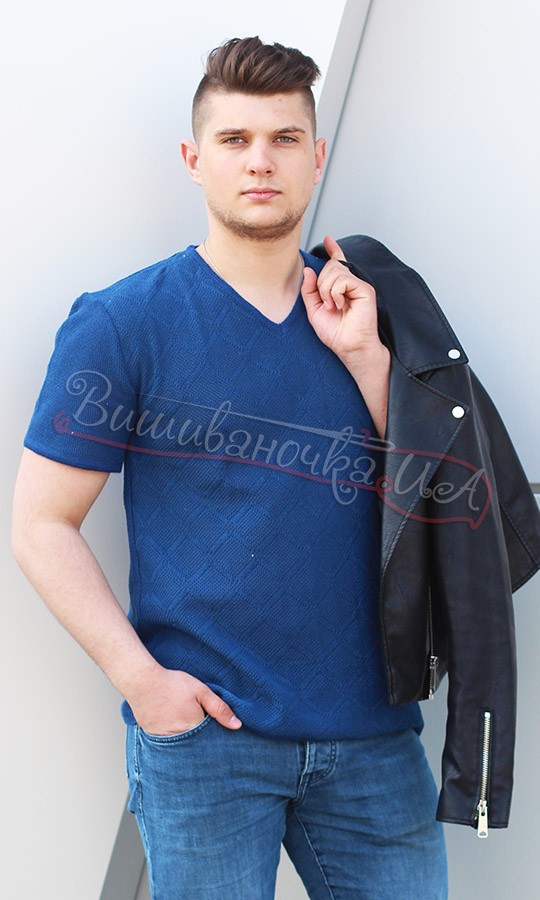 Синя чоловіча вишиванка з бавовни 5305к - фото 1 vishivano4ka.com.ua