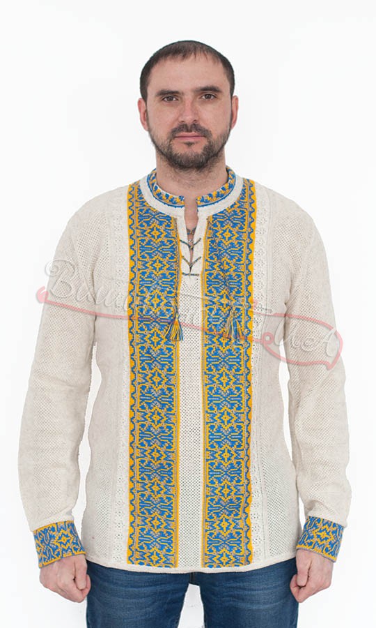 Вязаная мужская вышиванка с желто-голубым узором 5276 - фото 1 vishivano4ka.com.ua