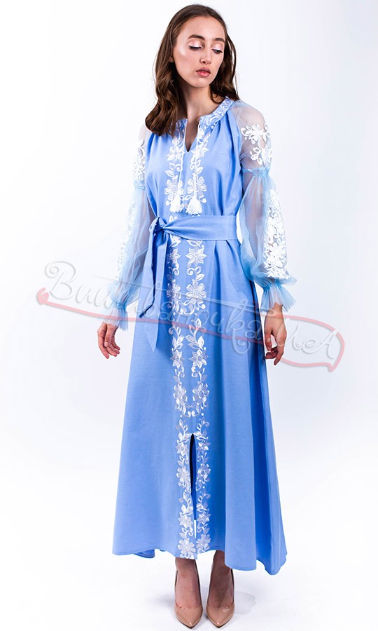 Вишукана сукня з льону ніжно-блакитного кольору ОК08 - фото 2 vishivano4ka.com.ua