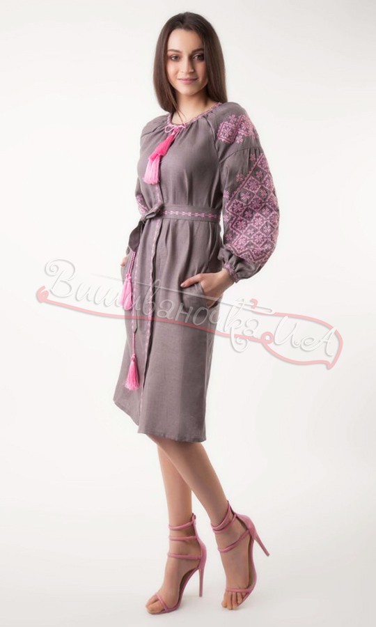 Жіноча сукня з льону сірого кольору 1543 - фото 2 vishivano4ka.com.ua