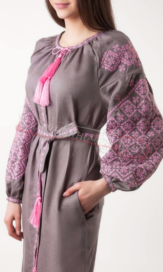 Жіноча сукня з льону сірого кольору 1543 - фото 4 vishivano4ka.com.ua