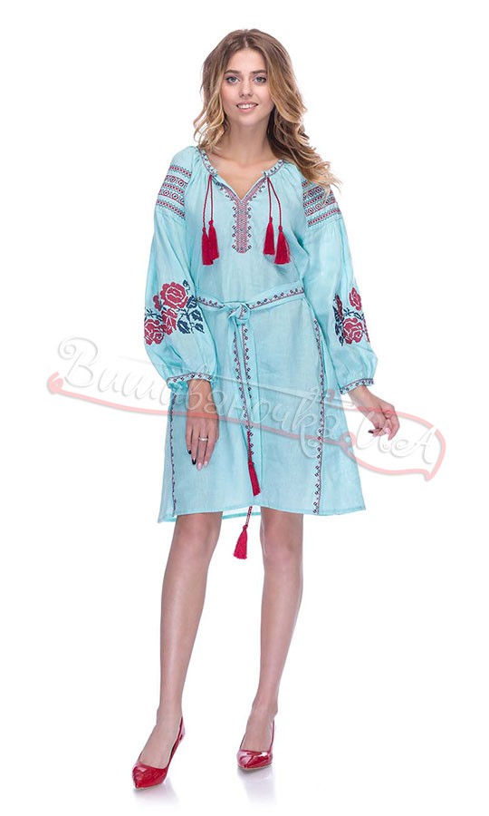 Платье бирюзового цвета с розами 1527 - фото 1 vishivano4ka.com.ua