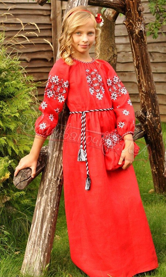 Длинное красное платье из льна для девочки ДП102 - фото 1 vishivano4ka.com.ua