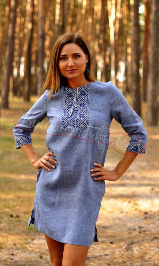 Жіноче плаття з льону під колір джинсу П19 - фото 2 vishivano4ka.com.ua