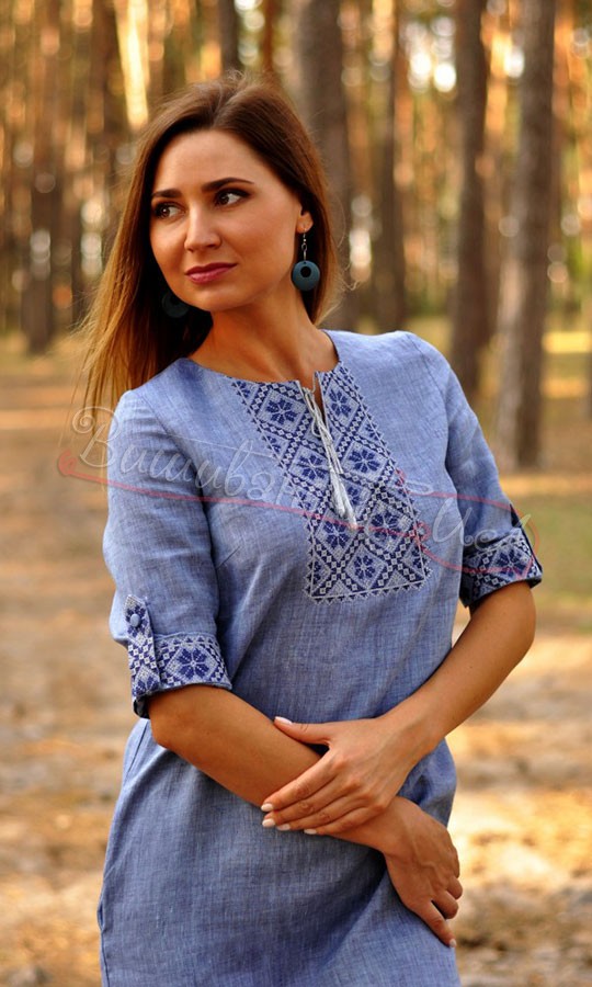 Жіноче плаття з льону під колір джинсу П19 - фото 4 vishivano4ka.com.ua