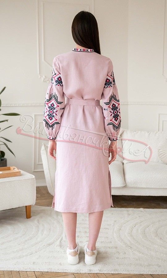 Рожева сукня-міді з льону 4644 - фото 4 vishivano4ka.com.ua
