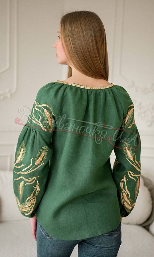 Зелена блузка з вишивкою колосків 4637 - фото 2 vishivano4ka.com.ua