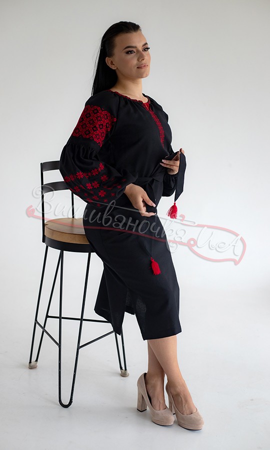 Чорна сукня з червоним візерунком 135-2 - фото 2 vishivano4ka.com.ua