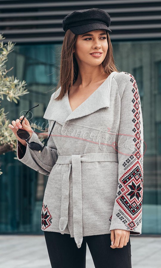 Вязаний сірий жакет в етно-стилі 4148 - фото 1 vishivano4ka.com.ua
