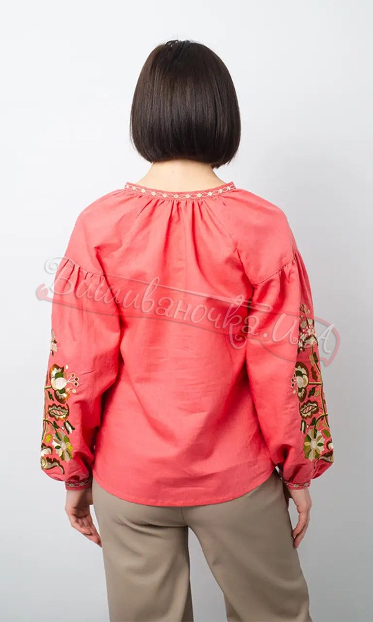 Вишиванка жіноча коралова з льону 1039 - фото 3 vishivano4ka.com.ua