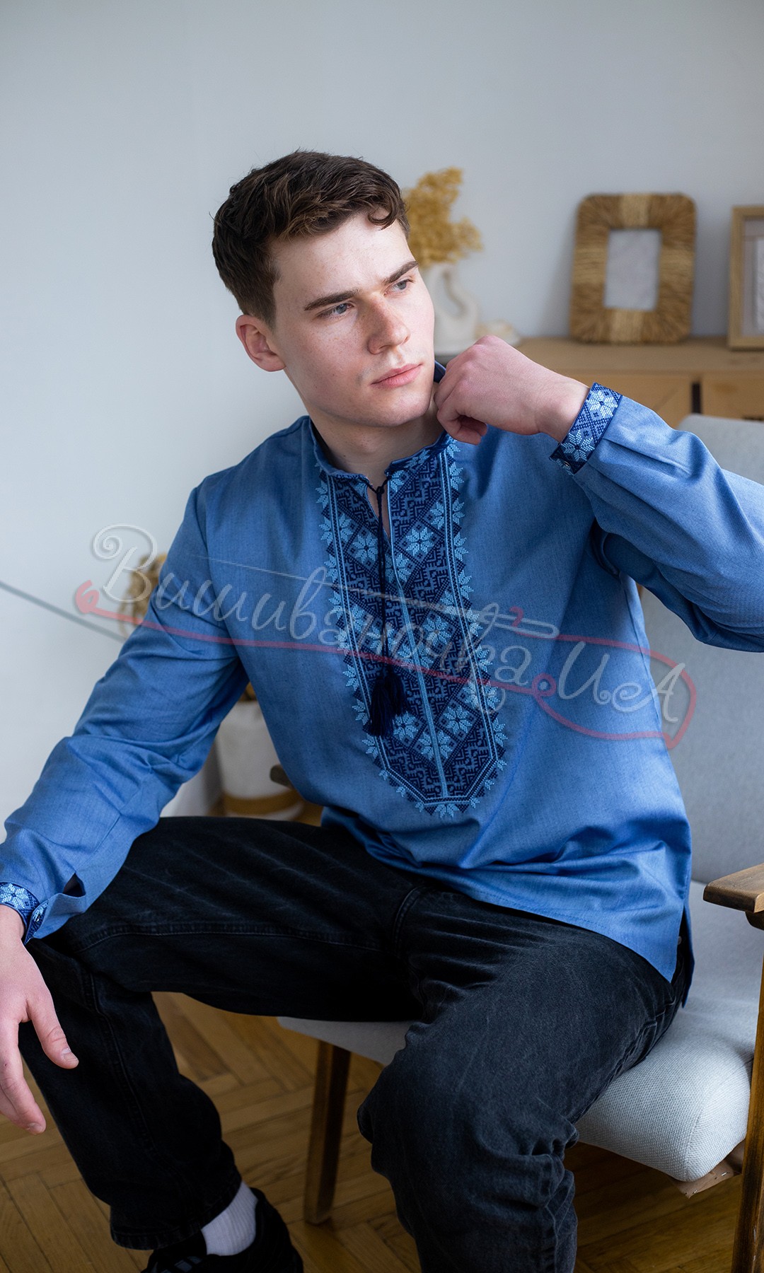 Рубашка в ​​джинсовом стиле с пат-манжетой 316-9+ - фото 2 vishivano4ka.com.ua