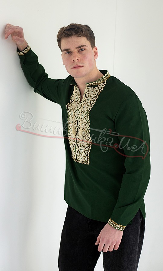 Вышиванка мужская зеленого цвета 351-11 - фото 3 vishivano4ka.com.ua