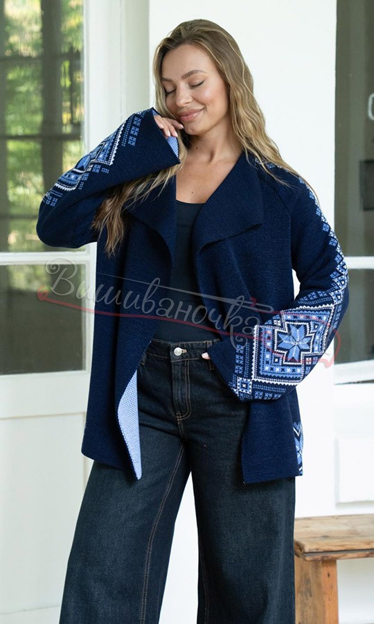 Вязаний синій жакет в етно-стилі 4145 - фото 1 vishivano4ka.com.ua