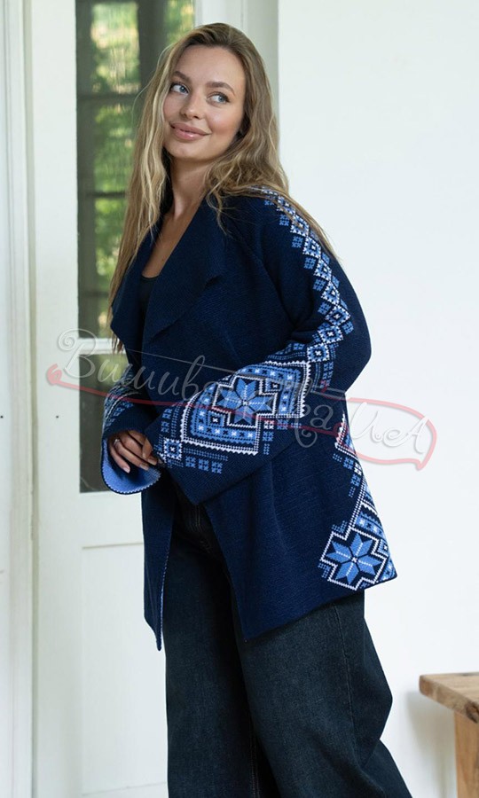 Вязаний синій жакет в етно-стилі 4145 - фото 2 vishivano4ka.com.ua