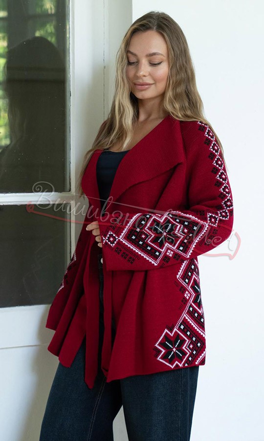 Вязаный жакет вишневого цвета 4143 - фото 2 vishivano4ka.com.ua